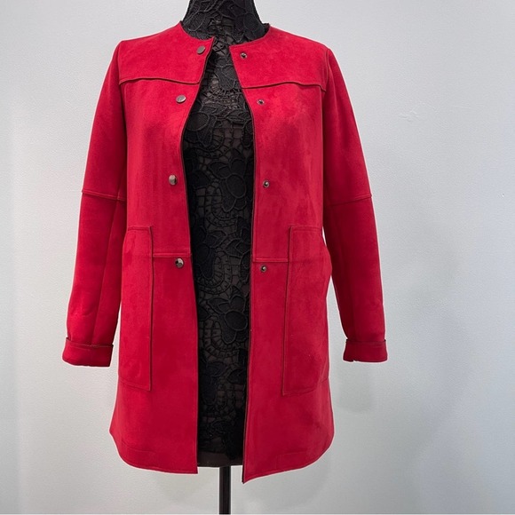 Red Faux Suede Stretch Snap Close Coat Collarless Jacket Pockets Travel - Picture 8 of 16